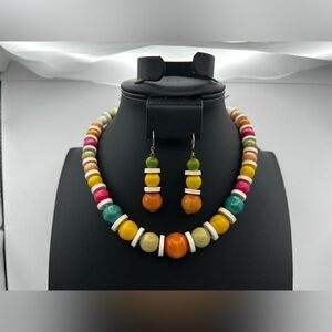 Handmade Wood Beaded Necklace and Earrings Set